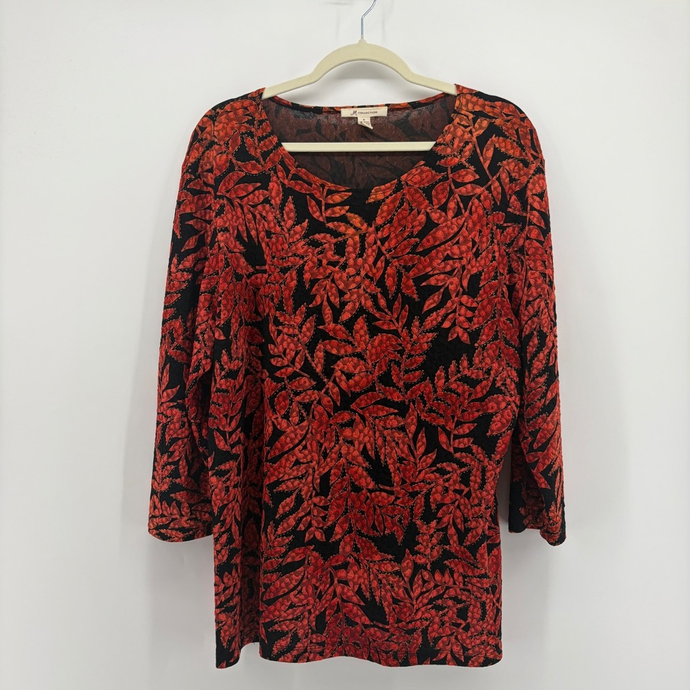 JM Collection Womens XL Red Black Leaf Print 3/4 Sleeve Metallic Shimmer Tunic